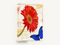 Red Gerbera and Blue Butterfly, red gerbera daisy butterfly french ephemera, floral canvas wall art print ready to hang