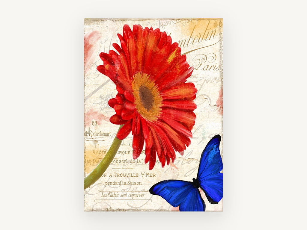 Red Gerbera and Blue Butterfly, floral canvas wall art print, front view