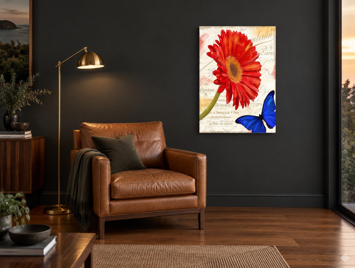 Red Gerbera and Blue Butterfly floral canvas print on the wall of a charcoal living room