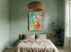 Tulips and Dragonfly Ledger floral canvas print on the wall of a bedroom
