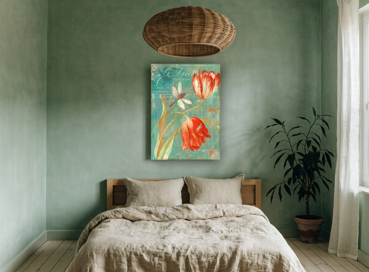 Tulips and Dragonfly Ledger floral canvas print on the wall of a bedroom