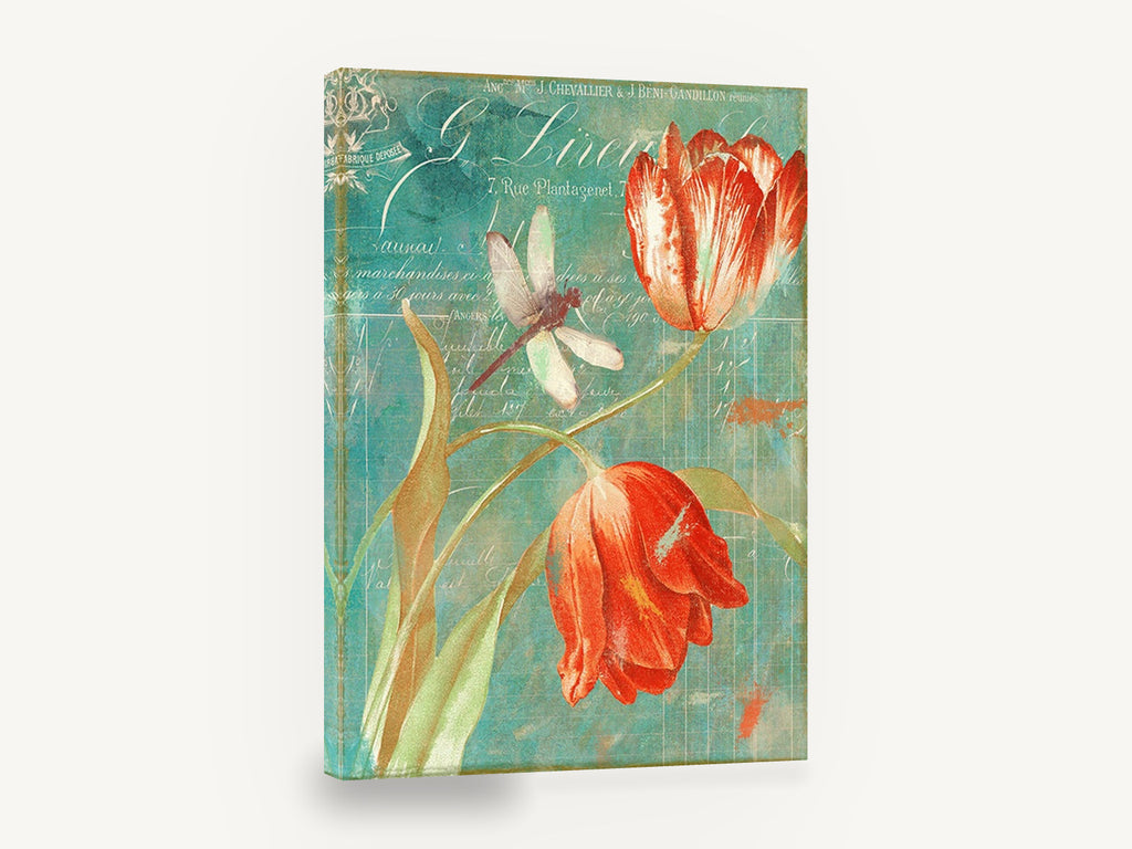 Tulips and Dragonfly Ledger, red tulips dragonfly vintage botanical, floral canvas wall art print ready to hang