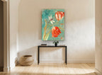 Tulips and Dragonfly Ledger floral canvas print on the wall of a hallway