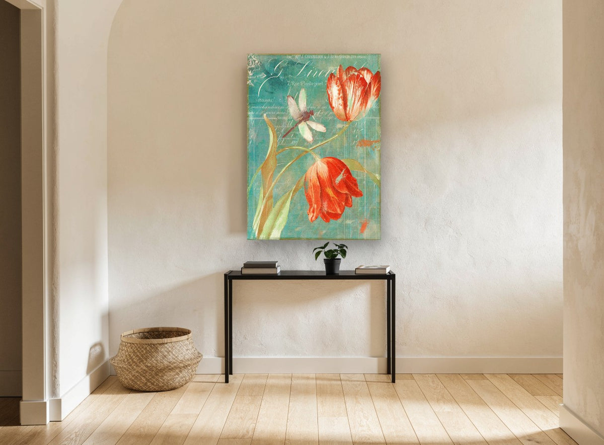 Tulips and Dragonfly Ledger floral canvas print on the wall of a hallway