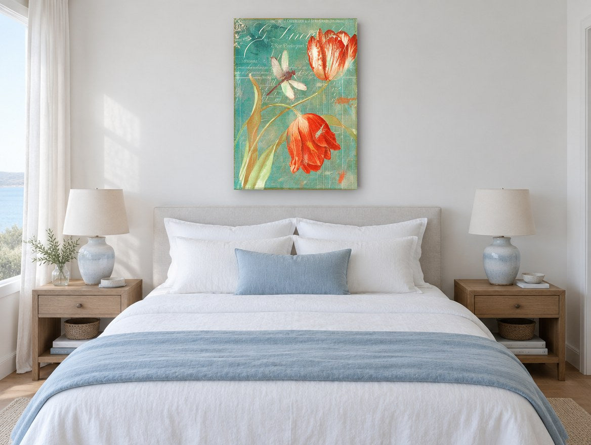 Tulips and Dragonfly Ledger floral canvas print on the wall of a coastal bedroom