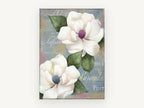 Magnolias on French Script, floral canvas wall art print, front view
