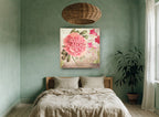 Peony and Postcard Script floral canvas print on the wall of a bedroom