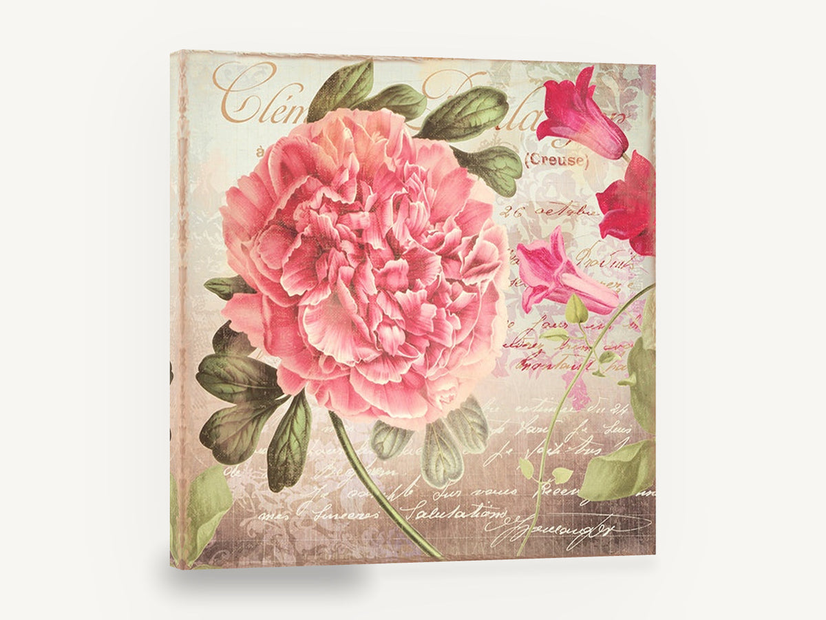 Peony and Postcard Script, pink peony vintage script floral, floral canvas wall art print ready to hang