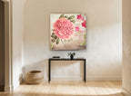 Peony and Postcard Script floral canvas print on the wall of a hallway