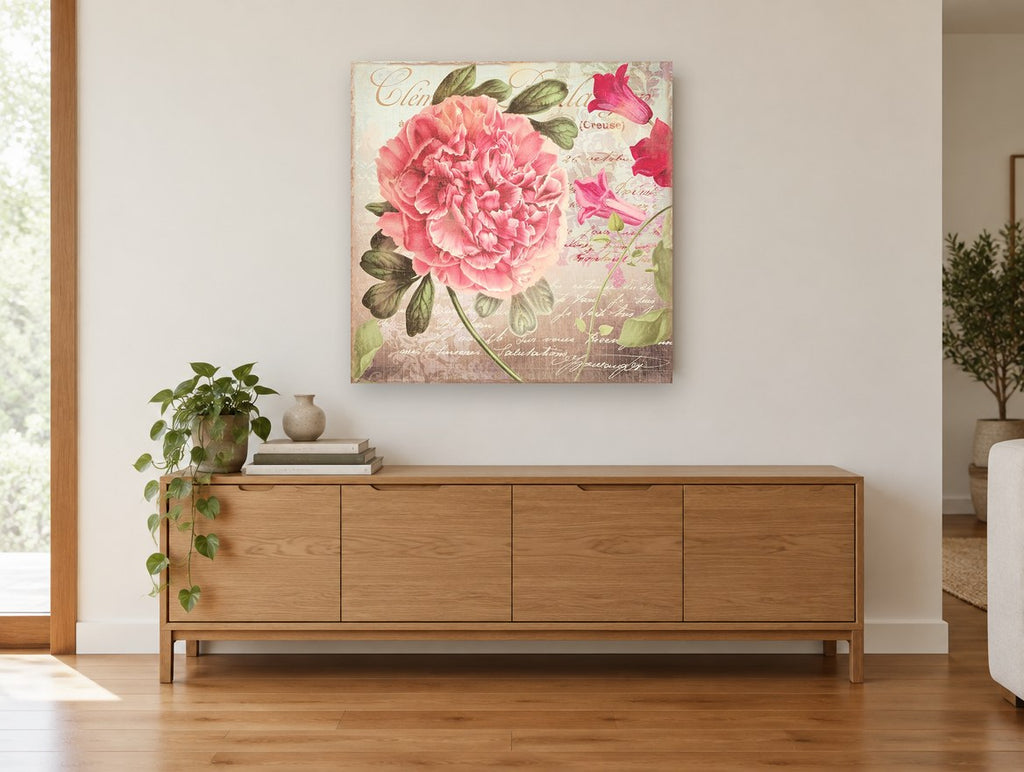 Peony and Postcard Script floral canvas print on the wall of a living room above a sideboard
