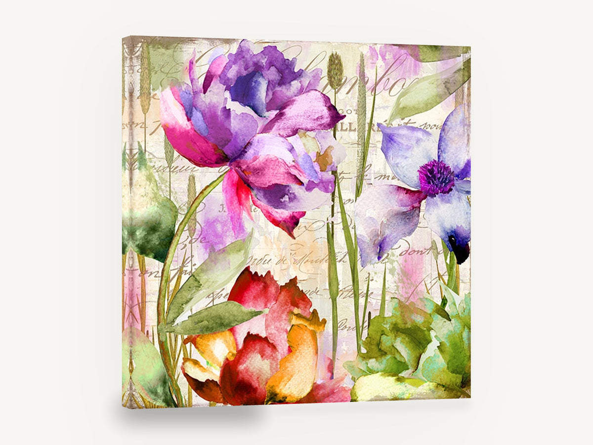 Garden Script Bloom, purple pink watercolour flowers script, floral canvas wall art print ready to hang