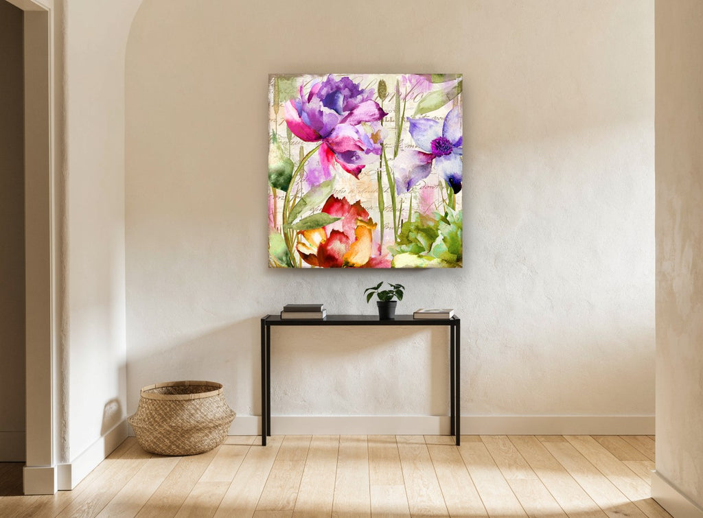 Garden Script Bloom floral canvas print on the wall of a hallway