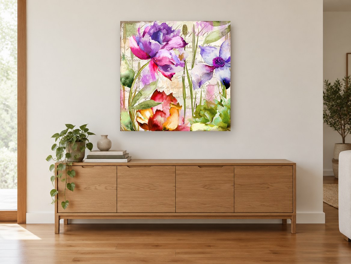 Garden Script Bloom floral canvas print on the wall of a living room above a sideboard