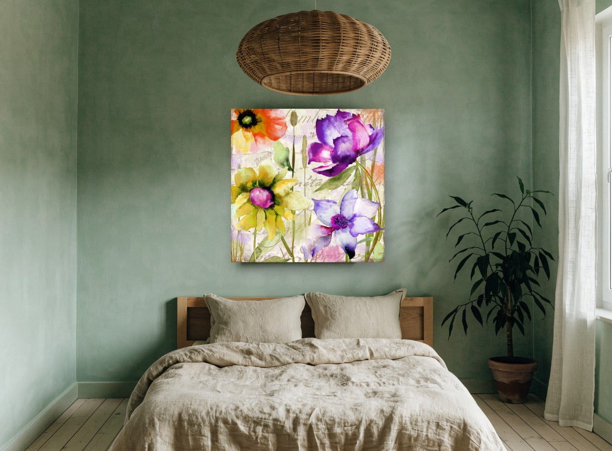 Script Garden Blooms floral canvas print on the wall of a bedroom