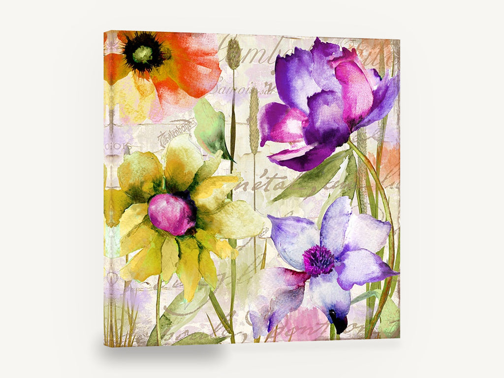 Script Garden Blooms, purple yellow orange watercolour flowers, floral canvas wall art print ready to hang