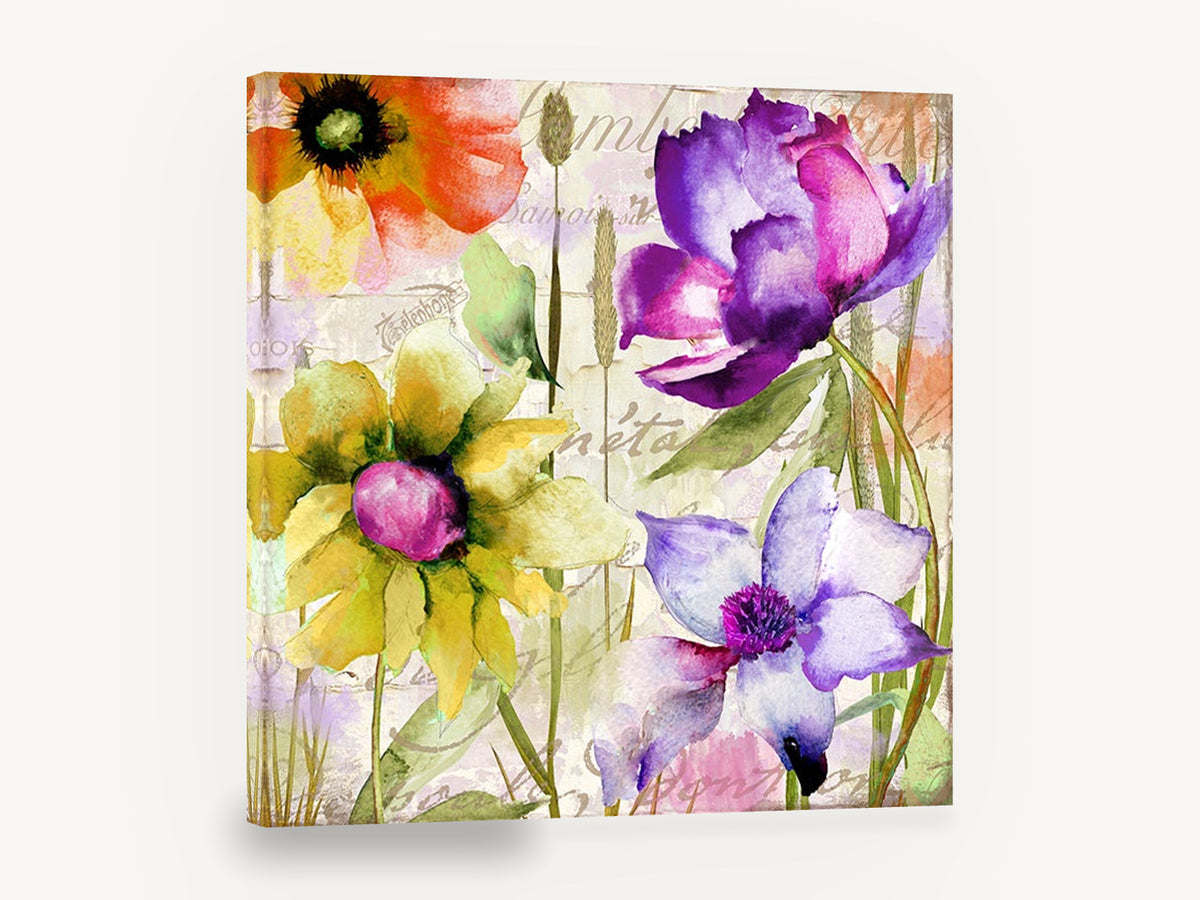 Script Garden Blooms, purple yellow orange watercolour flowers, floral canvas wall art print ready to hang