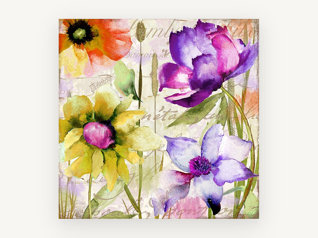 Script Garden Blooms, floral canvas wall art print, front view