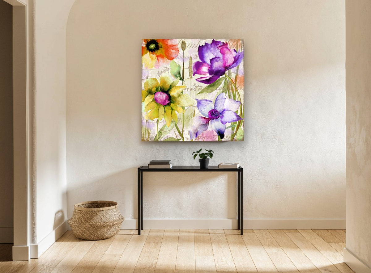 Script Garden Blooms floral canvas print on the wall of a hallway