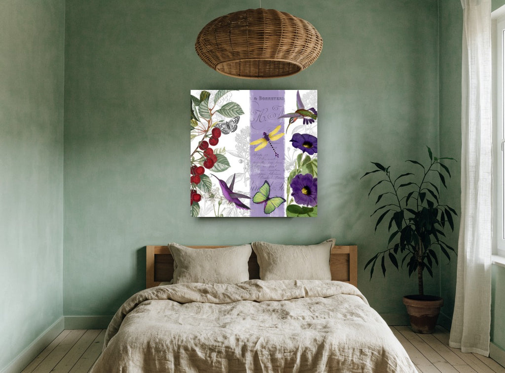 Cherries and Hummingbirds floral canvas print on the wall of a bedroom