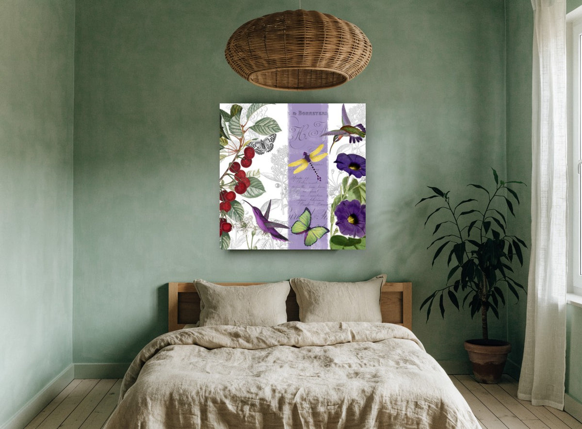 Cherries and Hummingbirds floral canvas print on the wall of a bedroom