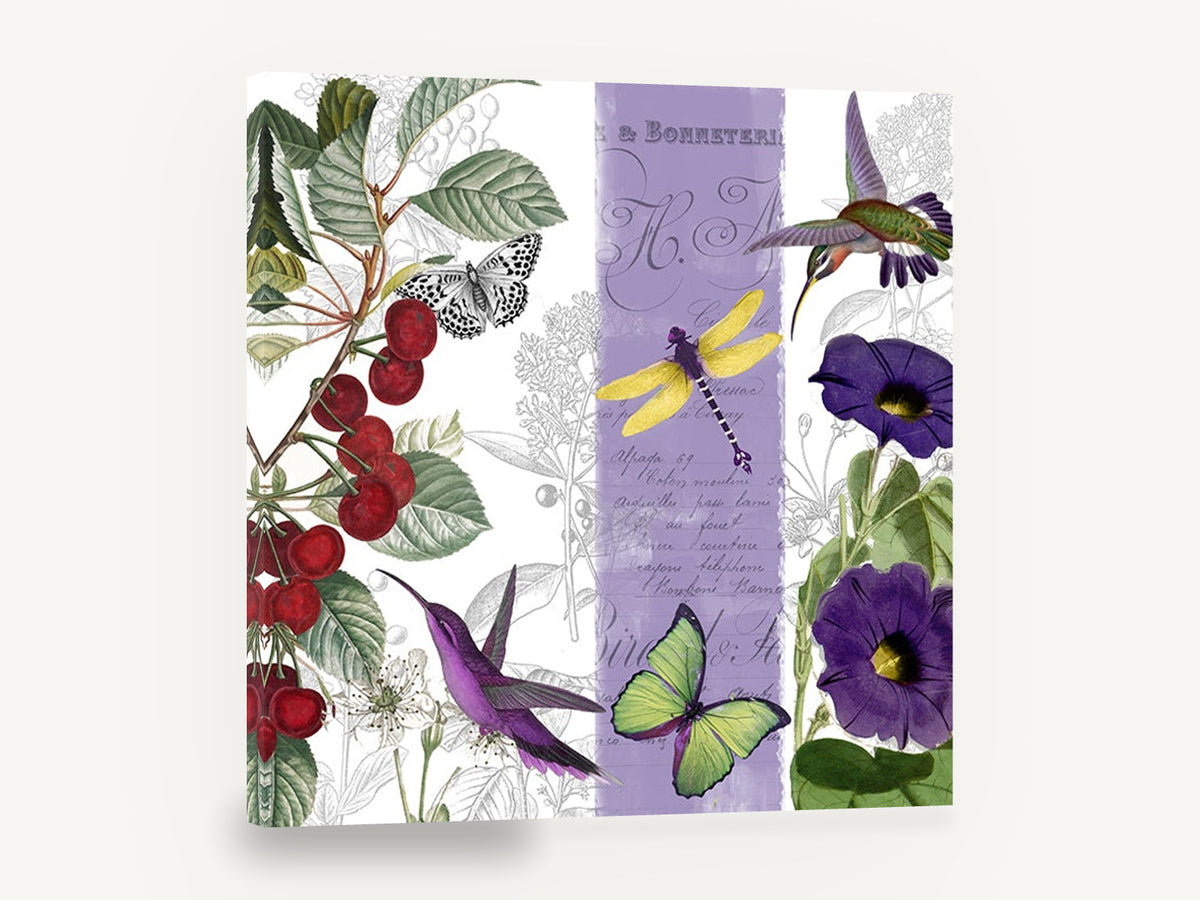 Cherries and Hummingbirds, cherry hummingbird butterfly botanical collage, floral canvas wall art print ready to hang