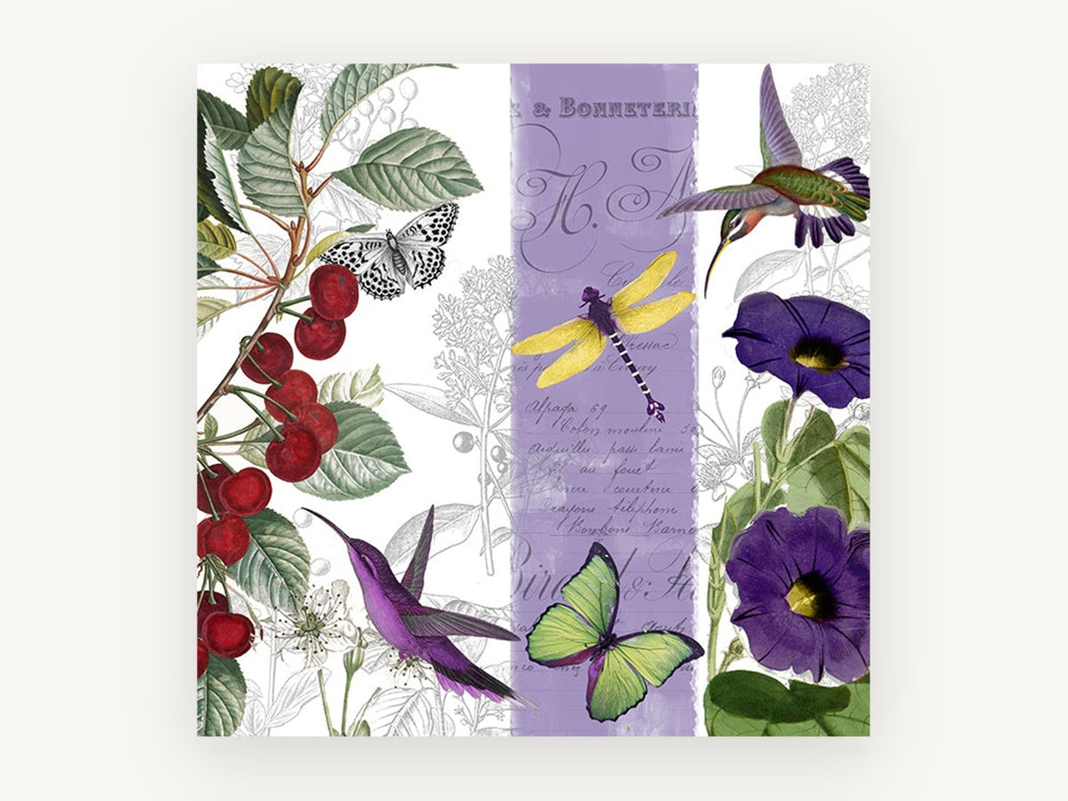 Cherries and Hummingbirds, floral canvas wall art print, front view