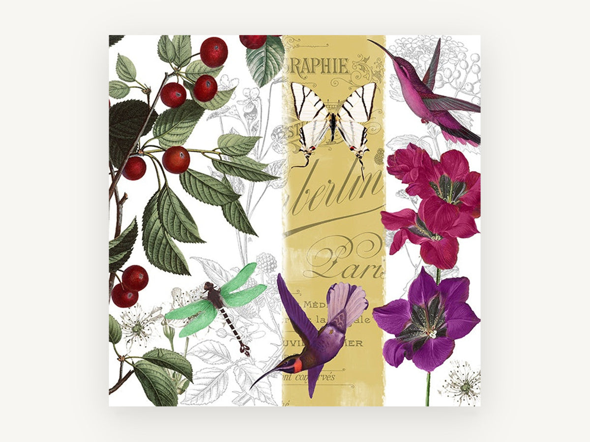 Cherries and Hummingbirds, floral canvas wall art print, front view