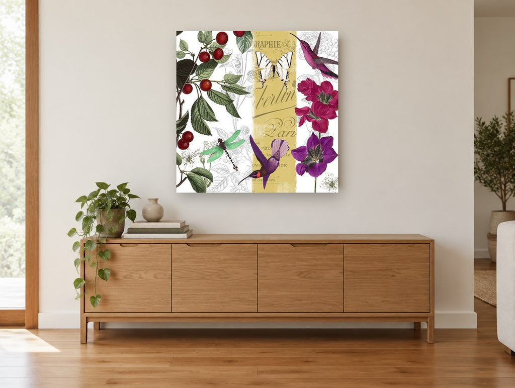 Cherries and Hummingbirds floral canvas print on the wall of a living room above a sideboard