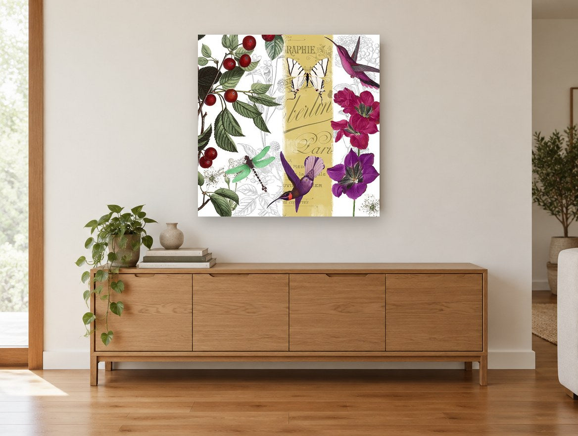 Cherries and Hummingbirds floral canvas print on the wall of a living room above a sideboard