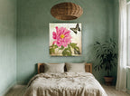 Peony and Swallowtails floral canvas print on the wall of a bedroom
