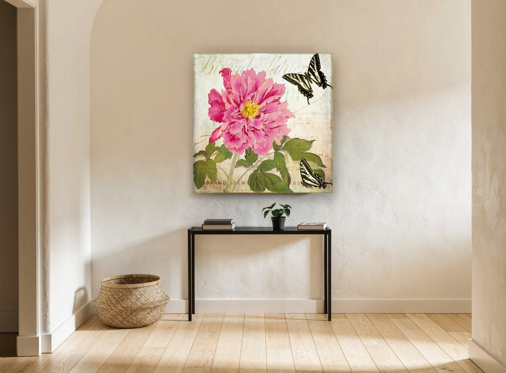 Peony and Swallowtails floral canvas print on the wall of a hallway