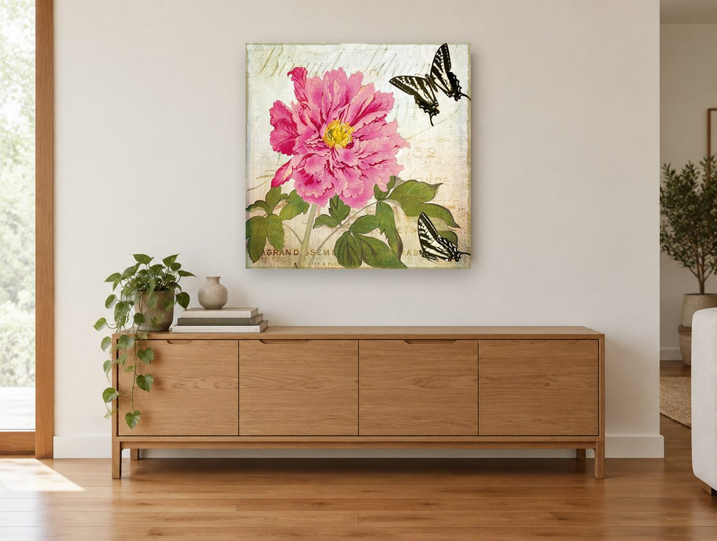 Peony and Swallowtails floral canvas print on the wall of a living room above a sideboard