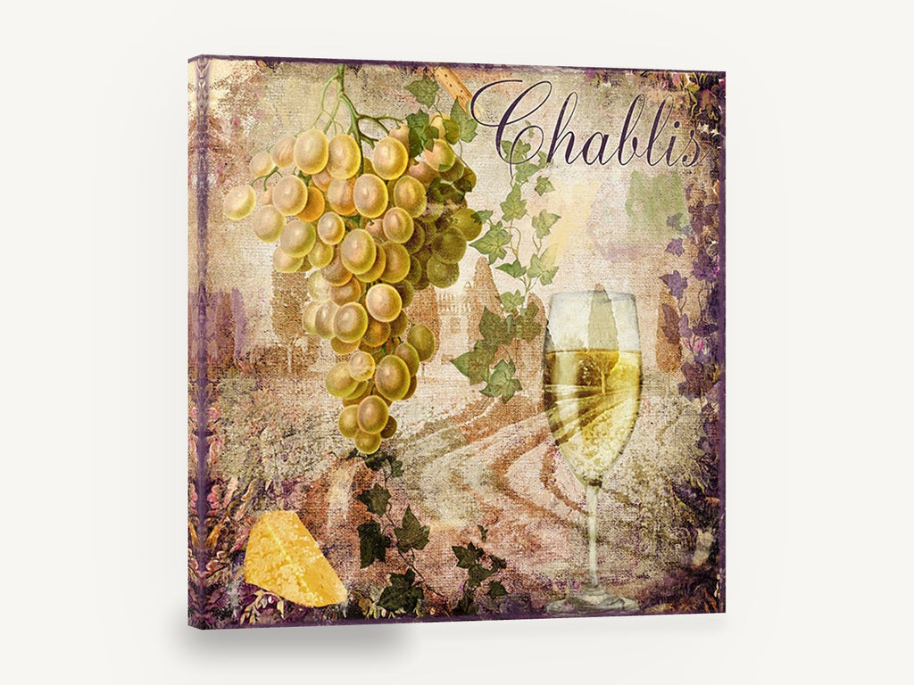 Chablis Grapes and Glass, chablis white wine grapes vineyard, kitchen canvas wall art print ready to hang