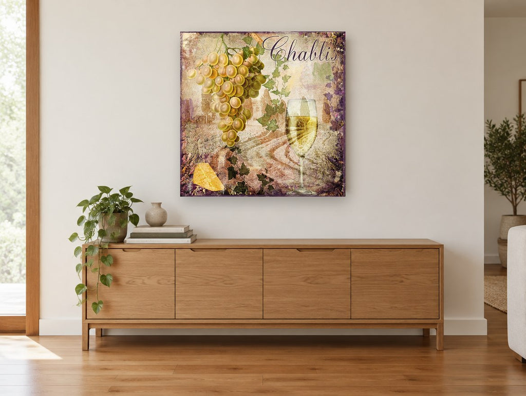 Chablis Grapes and Glass kitchen canvas print on the wall of a living room above a sideboard