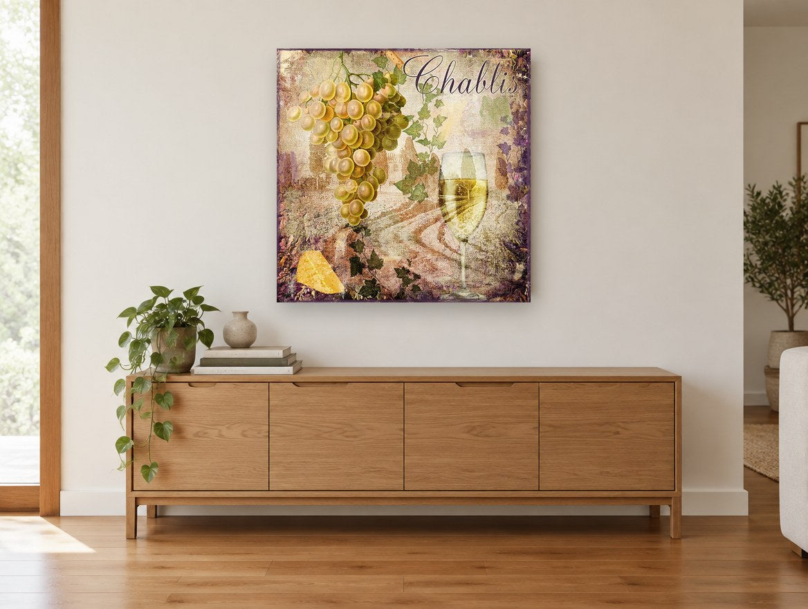 Chablis Grapes and Glass kitchen canvas print on the wall of a living room above a sideboard