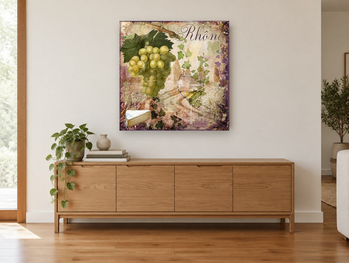 Rhône Green Grapes kitchen canvas print on the wall of a living room above a sideboard