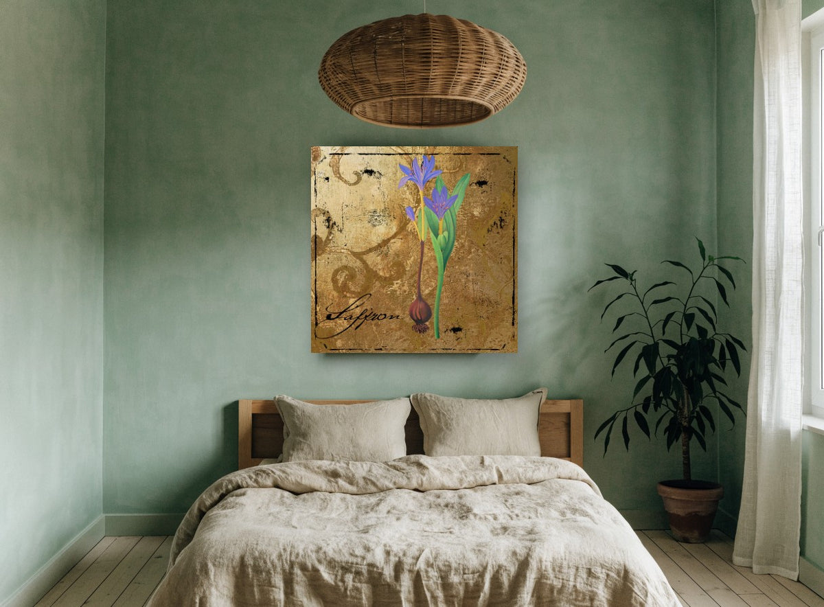 Saffron Crocus Gold floral canvas print on the wall of a bedroom