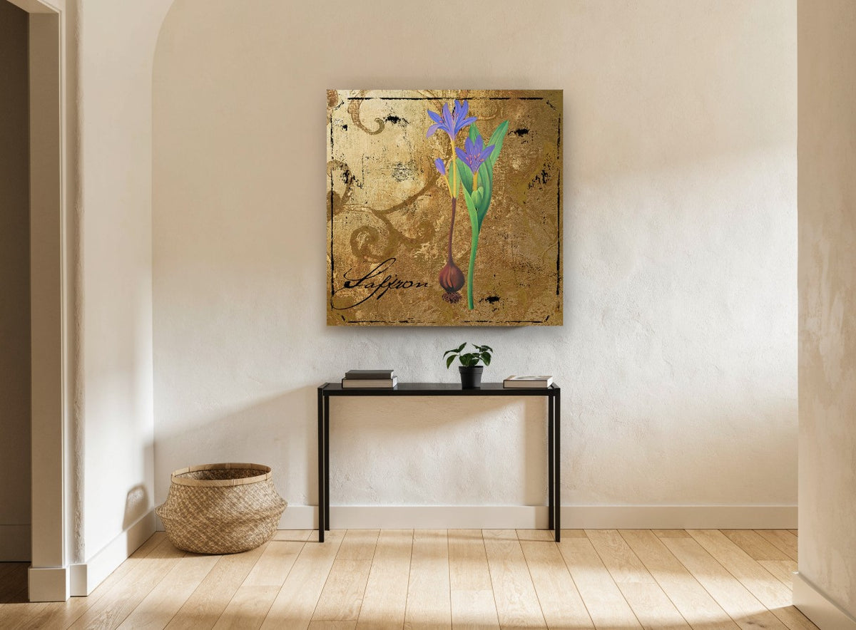 Saffron Crocus Gold floral canvas print on the wall of a hallway