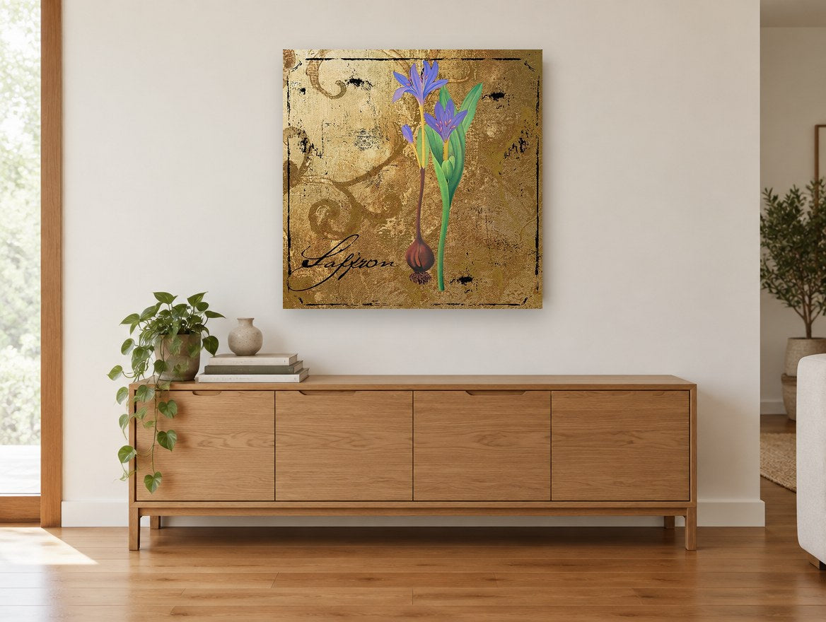 Saffron Crocus Gold floral canvas print on the wall of a living room above a sideboard