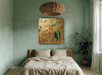 Pepper Vine Gold floral canvas print on the wall of a bedroom