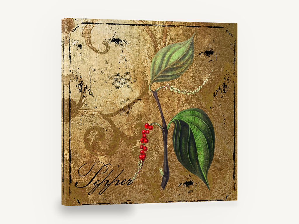 Pepper Vine Gold, pepper plant botanical gold vintage, floral canvas wall art print ready to hang