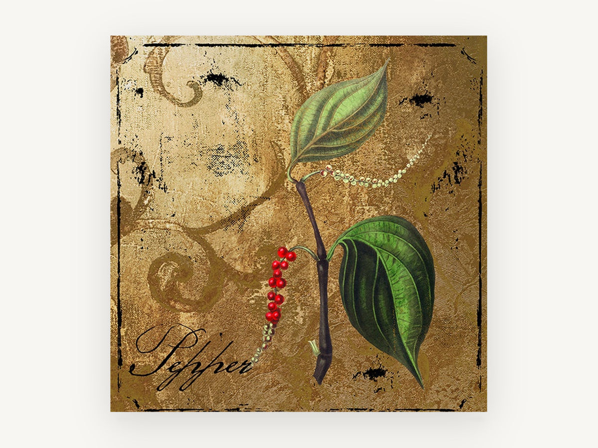 Pepper Vine Gold, floral canvas wall art print, front view