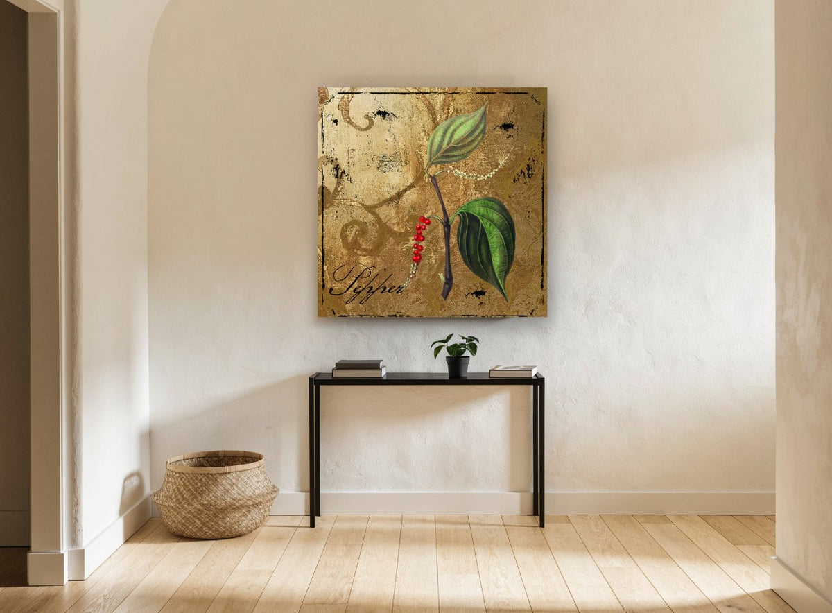 Pepper Vine Gold floral canvas print on the wall of a hallway