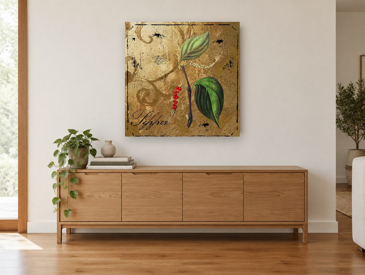 Pepper Vine Gold floral canvas print on the wall of a living room above a sideboard
