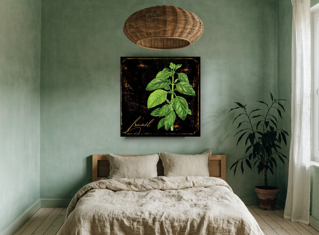 Basil on Black floral canvas print on the wall of a bedroom