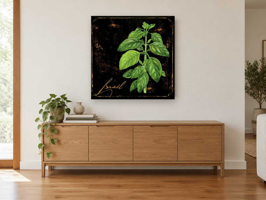 Basil on Black floral canvas print on the wall of a living room above a sideboard