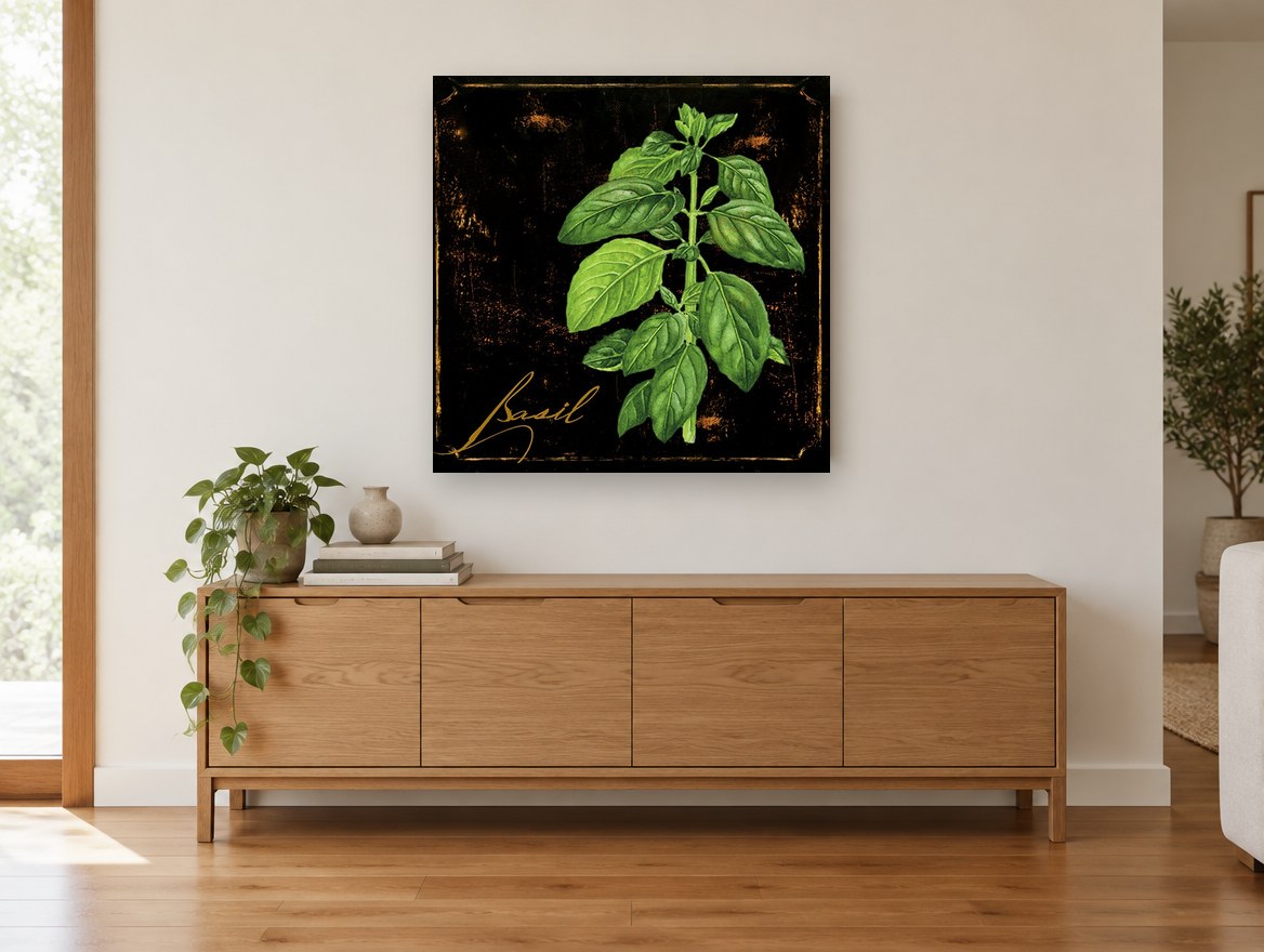 Basil on Black floral canvas print on the wall of a living room above a sideboard