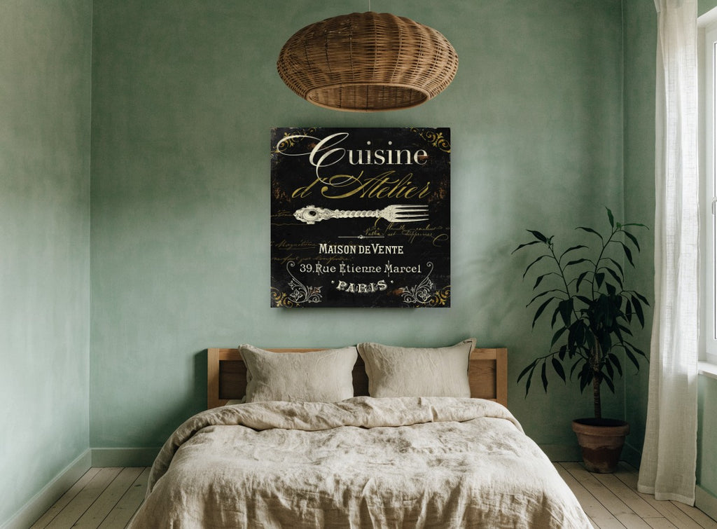 Cuisine d'Atelier Paris vintage canvas print on the wall of a bedroom