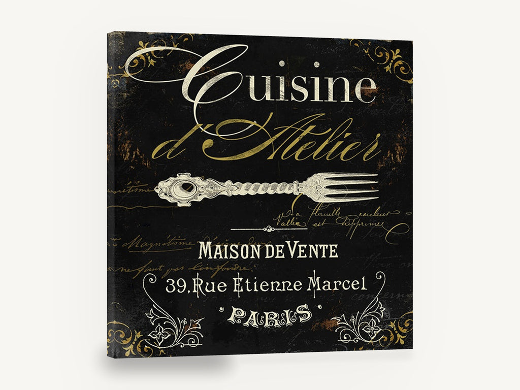 Cuisine d'Atelier Paris, vintage paris kitchen fork sign, stretched canvas wall art print ready to hang