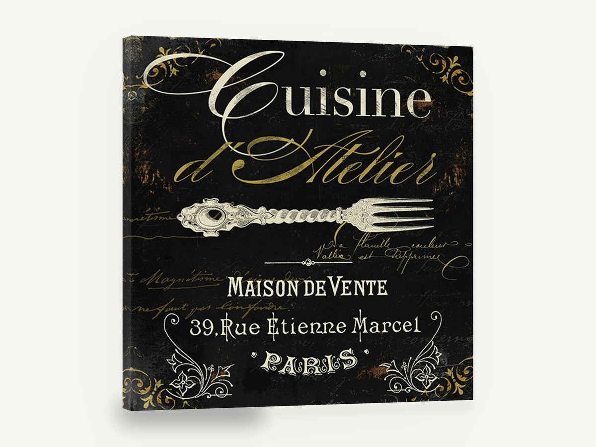 Cuisine d'Atelier Paris, vintage paris kitchen fork sign, stretched canvas wall art print ready to hang